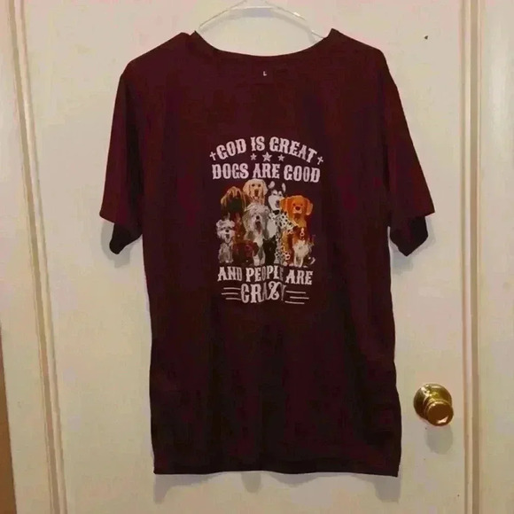 NWOT Handmade "Dogs Are Good" Maroon Short Sleeve Unisex Tee - Size L - Picture 1 of 4